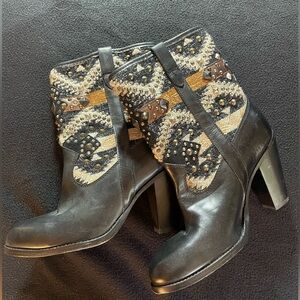 Frye Black and Tan Studded Heeled Boots